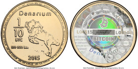 Denarium brass Unloaded (Redeemed) 0.1 Bitcoin (BTC) 2015 MS67 NGC, Ahonen-pg 167. Total Issued: 2,000. Type PF. 25.4mm. Serial #L04515. Firstbits 1HV...