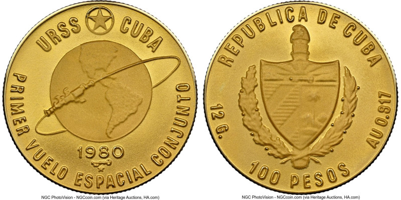 Republic gold "Soviet/Cuban Space Flight" 100 Pesos 1980 MS70 NGC, KM52. HID0980...