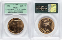 Republic gold "Elephant" 30000 Francos (1 oz) 1993 MS67 PCGS, KM107. HID09801242017 © 2024 Heritage Auctions | All Rights Reserved www.HA.com/TexasAuc...