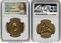 Republic gold "Libertas Americana" 200 Euros (1 oz) 2023 MS70 Antiqued NGC, Paris mint. Mintage: 500. First Releases. NGC Holder features Leonardo Da ...