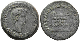HISPANIA. Italica. Tiberius (AD 14–37).
"As" (AE, 29 mm, 15.46 g).
TI CAESAR AVGVSTVS PONT MAX IMP Bare head of Tiberius right / MVNIC ITALIC PERM [DI...