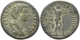 MYSIA. Germe. Geta, Caesar (AD 198–209).
AE (30 mm, 14.18 g) Glykon II, strategos.
Π ϹЄΠΤΙΜΙ – ΓЄΤΑϹ ΚΑΙ Bare, draped and cuirassed bust of Geta right...