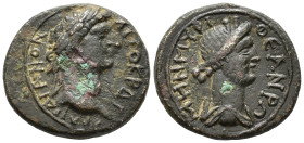 AEOLIS. Myrina. Trajan (AD 98–117).
AE (18 mm, 3.15 g). 
ΑΥΤΟΚΡΑΤ–ΟΡΑ ΤΡΑΙΑΝΟΝ Laureate head of Trajan right / ΘЄΑΝ ΡΩ–ΜΗΝ ΜΥΡΙ Turreted and draped bu...