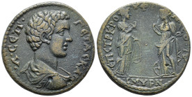 IONIA. Smyrna. Geta, Caesar (AD 198–209).
AE (25 mm, 8.29 g) Claudius Rufinus the sophist, strategos.
Λ ϹЄΠ – ΓЄΤΑϹ ΚΑΙ Bare, draped and cuirassed bus...