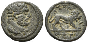 LYDIA. Attaleia. Pseudo-autonomous issue.
AE (14 mm, 1.36 g) Severan era (AD 193–235).
Head of Herakles right, wearing lion's skin / ΑΤΤΑ–Λ/ЄΑΤ Lion a...