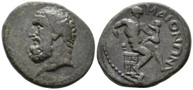 LYDIA. Maeonia. Pseudo-autonomous issue.
AE (22 mm, 5.71 g) AD 2nd–3rd century.
Head of Heracles left / ΜΑΙΟΝΩΝ Nude Silenus seated on wicker basket r...