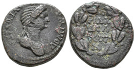 LYDIA. Philadelphia. Domitia, Augusta (AD 82–96).
AE (21 mm, 5.94 g). 
ΔΟΜΙΤΙΑ ΑΥΓΟΥϹΤΑ Draped bust of Domitia right, seen from front / ΦΙΛΑ/ΔЄΛ/ΦЄΩ/ ...