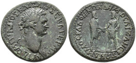 PHRYGIA. Aezani. Domitian (AD 81–96).
AE (32 mm, 17.16 g) Homonoia issue with Cadi.
ΑΥΤ ΔΟΜΙΤΙΑΝΟΣ ΚΑΙΣΑ–Ρ ΣЄΒΑ ΓЄΡΜΑ Laureate head of Domitian with a...