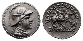 Bactria. Greco-Baktrian Kingdom. Uncertain mint in the Paropamisadai or Gadhara. Eukratides I Megas 170-145 BC. Drachm AR