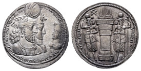 Sasanian Kingdom. 'Ctesiphon' mint. Vahrām (Bahram) II, with Queen and Prince 4 AD 276-293. Drachm AR