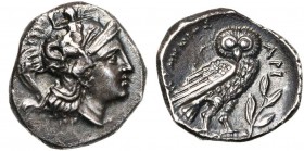 CALABRE, TARENTE, AR drachme, vers 280-272 av. J.-C. D/ T. casquée d'Athéna à d., le casque orné de Scylla R/ Chouette à d., t. de f. A d., API au-des...