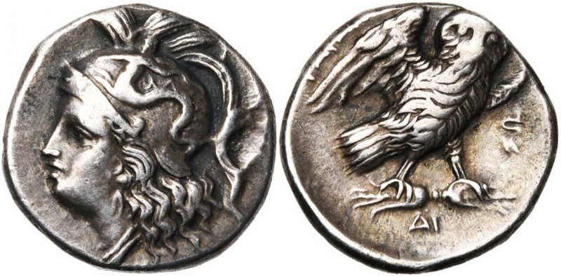 CALABRE, TARENTE, AR drachme, vers 280-272 av. J.-C. D/ T. casquée d'Athéna à g....
