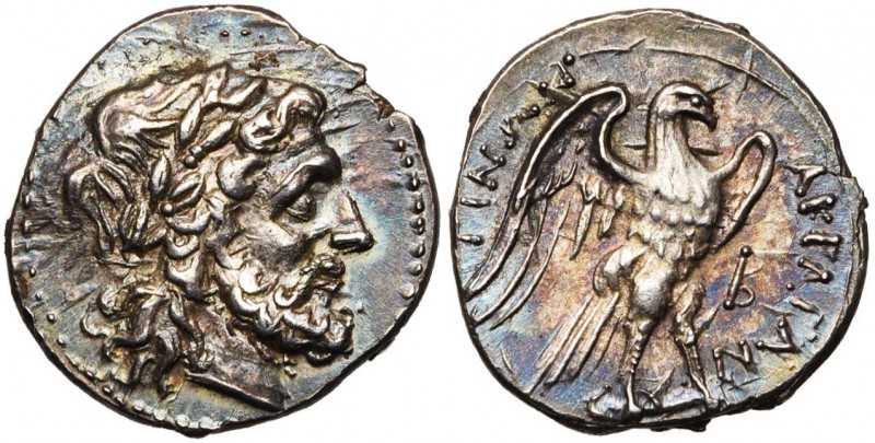 SICILE, AGRIGENTE, AR drachme, vers 213-210 av. J.-C. D/ T. l. de Zeus à d. R/ A...