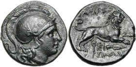 ROYAUME DE THRACE, Lysimaque (306-281), AE bronze. D/ T. casquée d'Athéna à d. R/ ΒΑΣΙΛΕΩΣ/ ΛYΣIMAXOY Lion bondissant à d. En dessous, caducée,  et p...
