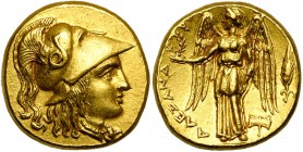 ROYAUME DE MACEDOINE, Alexandre III le Grand (336-323), AV statère, 323-319 av. J.-C., Milet. D/ T. casquée d'Athéna à d., portant un collier, le casq...