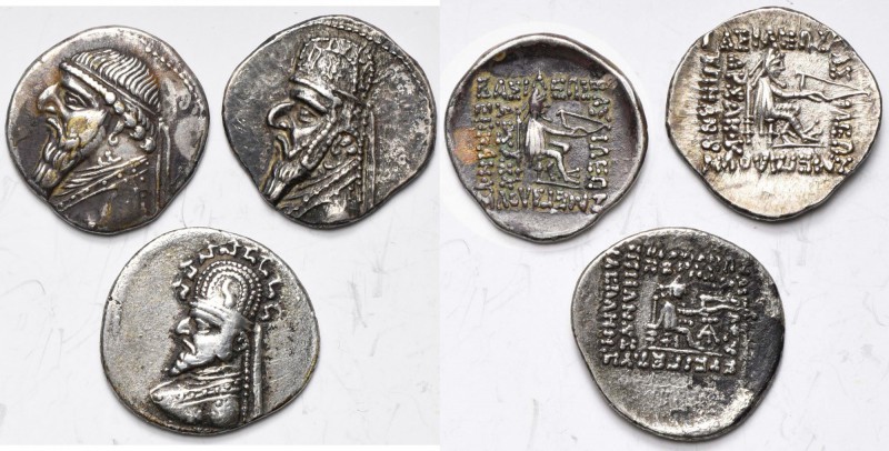 ROYAUME PARTHE, lot de 3 drachmes: Mithradates II, Ecbatane, Rhagae; Phraates II...