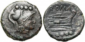 Emission anonyme, AE triens, 215-212 av. J.-C., Rome. D/ T. de Minerve à d., coiffée du casque corinthien. Au-dessus, quatre globules. R/ ROMA Proue à...