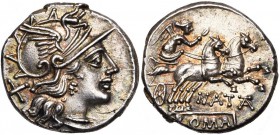 Pinarius Natta, AR denier, 149 av. J.-C., Rome. D/ T. casquée de Roma à d. Derrière, . R/ Victoire conduisant un bige à d. Sous les chevaux, NAT. A ...