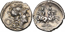 C. Servilius, AR denier, 136 av. J.-C., Rome. D/ T. casquée de Roma à d. A g., couronne et . A l'ex., ROMA. R/ C·SERVEILI·M·F Les Dioscures à cheval,...