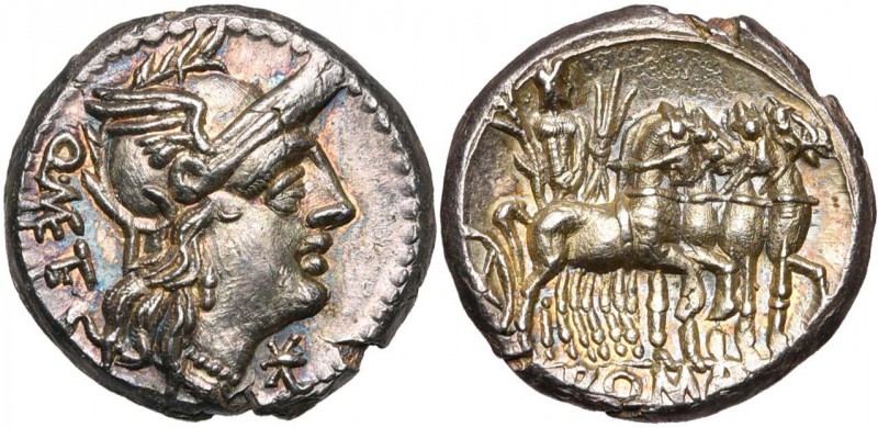 Q. Caecilius Metellus, AR denier, 130 av. J.-C., Rome. D/ Q·METE T. casquée de R...