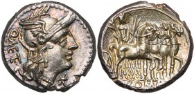 Q. Caecilius Metellus, AR denier, 130 av. J.-C., Rome. D/ Q·METE T. casquée de Roma à d. Sous le menton, . R/ Jupiter conduisant un quadrige au pas à...