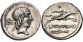 L. Piso Frugi, AR denier, 90 av. J.-C., Rome. D/ T. l. d'Apollon à d. Derrière, symbole. Sous le menton, lettre (F ?). R/ Cavalier menant son cheval a...