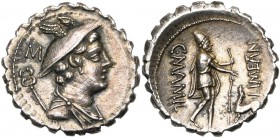 C. Mamilius Limetanus, AR denier serratus, 82 av. J.-C., Rome. D/ B. dr. de Mercure à d., ten. un caducée sur l'épaule. A g., au-dessus du pétase, M. ...