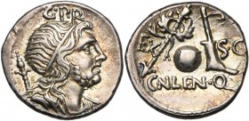 Cn. Cornelius Lentulus Marcellinus, AR denier, 76-75 av. J.-C., Espagne (?). D/ B. du Genius Populi Romani à d., un sceptre sur l'épaule. Au-dessus, G...