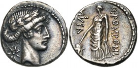 Q. Pomponius Musa, AR denier, 66 av. J.-C., Rome. D/ T. l. d'Apollon à d. Derrière, une étoile. R/ Urania deb. à g., pointant un bâton vers un globe p...