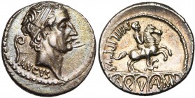L. Marcius Philippus, AR denier, 56 av. J.-C., Rome. D/ T. diad. d'Ancus Marcius à d. Derrière, lituus. Dessous, ANCVS. R/ Aqueduc sur lequel se trouv...