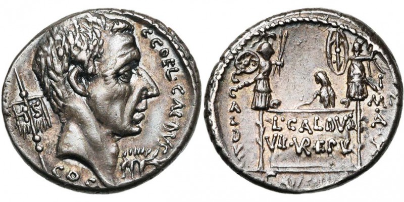 C. Coelius Caldus, AR denier, 51 av. J.-C., Rome. D/ T. à d. Devant, L· COEL· CA...