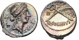 Q. Sicinius, AR denier, 49 av. J.-C., Rome. D/ FORT- P·R T. diad. à d. de Fortuna Populi Romani. R/ Une palme et un caducée sous une couronne. Dans le...