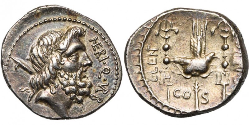Cn. Nerius, AR denier, 49 av. J.-C., Rome. D/ T. de Saturne à d., la harpa sur l...
