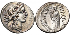 Mn. Acilius Glabrio, AR denier, 49 av. J.-C., Rome. D/ T. l. de Salus à d. Derrière, de bas en haut, SALVTIS. R/ MN· ACILIVS- III·VIR- VALETV Valetudo...