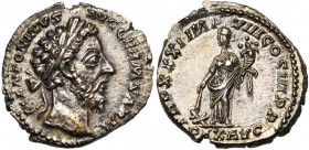 MARC AURELE Auguste (161-180), AR denier, 176-177, Rome. D/ M ANTONINVS AVG GERM SARM T. l. à d. R/ TR P XXXI IMP VIII COS III PP/ PAX AVG Pax deb. à ...