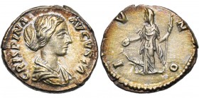 CRISPINE (†183), femme de Commode, AR denier, 180-183, Rome. D/ CRISPINA AVGVSTA B. dr. à d. R/ IVNO Junon deb. à g., ten. une patère et un long scept...