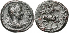 ELAGABAL (218-222), AE as, 218-222, Rome. D/ IMP CAES M AVR ANTONINVS PIVS AVG B. l., dr., cuir. à d. R/ ADVENTVS AVGVSTI/ SC L'empereur chevauchant a...
