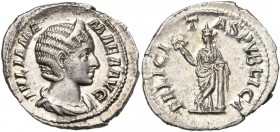 JULIA MAMAEA (†235), mère de Sévère Alexandre, AR denier, 228, Rome. D/ IVLIA MA-MAEA AVG B. diad., dr. à d. R/ FELICITAS PVBLICA Felicitas deb. de f....