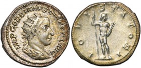 GORDIEN III Auguste (238-244), AR antoninien, 241-243, Rome. D/ IMP GORDIANVS PIVS FEL AVG B. r., dr., cuir. à d. R/ IOVI STATORI Jupiter deb. de f., ...