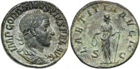 GORDIEN III Auguste (238-244), AE sesterce, 241-243, Rome. D/ IMP GORDIANVS PIVS FEL AVG B. l., dr., cuir. à d. R/ LAETITIA AVG N/ S-C Laetitia deb. à...