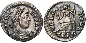 VALENS (364-378), silique, 375-378, Trèves. D/ DN VALEN-S PF AVG B. diad., dr., cuir. à d. R/ VRBS-ROMA/ TRPS· Roma assise à g. sur un trône, ten. un ...