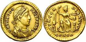 THEODOSE Ier (379-395), AV solidus, 379-383, Constantinople. D/ DN THEODOS-SIVS PF AVG B. diad., dr., cuir. à d. R/ CONCOR-DIA AVGGG/ CONOB Constantin...