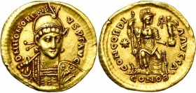 HONORIUS (393-423), AV solidus, 397-402, Constantinople. Off. A. D/ DN HONORI-VS PF AVG B. casqué, cuir. de f., ten. une lance et un bouclier. R/ CONC...