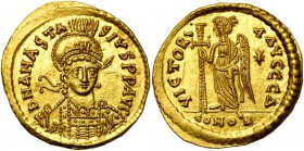 Anastase Ier (491-518), AV solidus, 492-507, Constantinople. Off. Δ. D/ B. trois quarts de f., ten. une lance et un bouclier. R/ VICTORI-A AVCCCΔ/ CON...