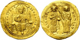 Romain III Argyre (1028-1034), AV histamenon, Constantinople. D/ Le Christ nimbé, trônant de f., bénissant et ten. les Evangiles. R/ L'empereur deb. t...