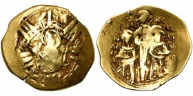 Andronic II et Michel IX (1294-1320), AV hyperpère, 1294-1303, Constantinople. Avec les figures des empereurs interverties. D/ La Vierge orante dans l...