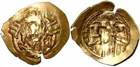 Andronic II et Michel IX (1294-1320), AV hyperpère, 1303-1325, Constantinople. D/ La Vierge orante dans les murs d'enceinte de Constantinople, composé...