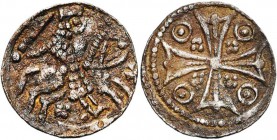 BRABANT, Duché, Henri Ier (1190-1235), AR denier au cavalier, 1211-1235. D/ Le duc galopant à d., ten. l'épée haute. En dessous, une croisette et DV-X...