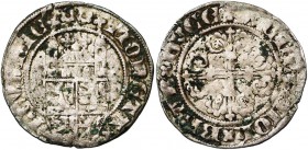BRABANT, Duché, Jeanne et Wenceslas (1355-1383), AR tourelle (schuerken), 1380-1381, Louvain. 2e émission. D/ MONETA- LOVANIE' Ecu écartelé de Brabant...