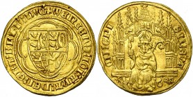 BRABANT, Duché, Jeanne et Wenceslas (1355-1383), AV florin d'or au saint Servais, mars 1377, Maastricht. D/ + WENCEL' Z IOHANA DEI GRA BRAB' DVC...